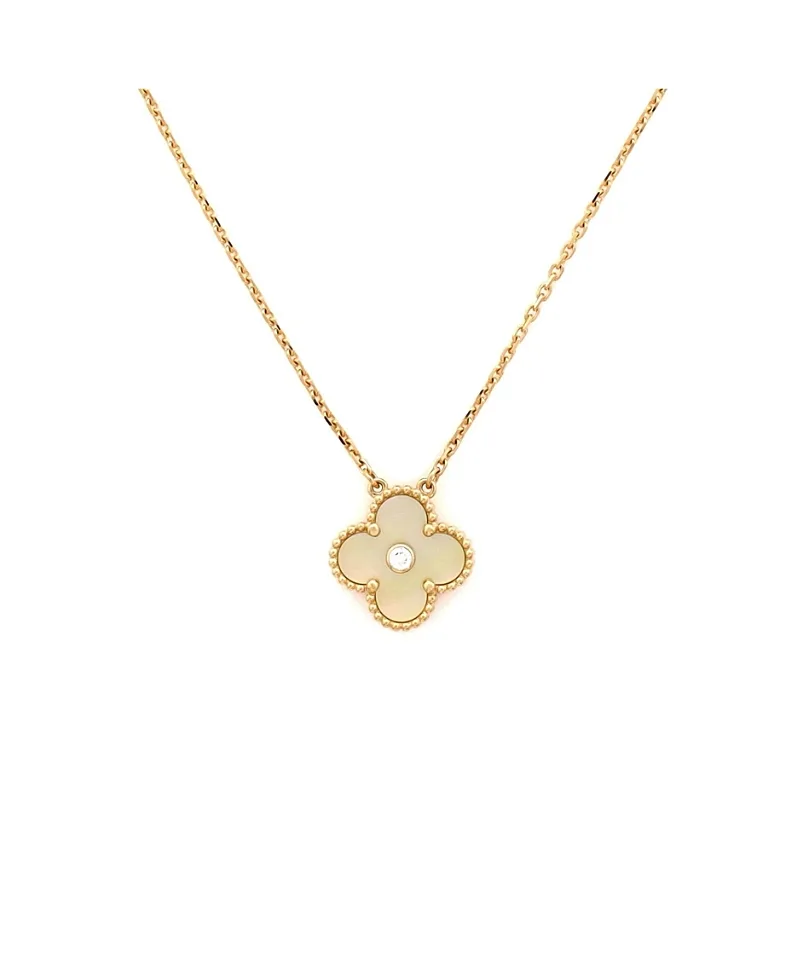 Pre-Owned Van Cleef & Arpels Vintage Alhambra Pendant Necklace 18K Gold and Gold Mother of Pearl with Diamond, 16.5" by Pre-owned Van Cleef & Arpels