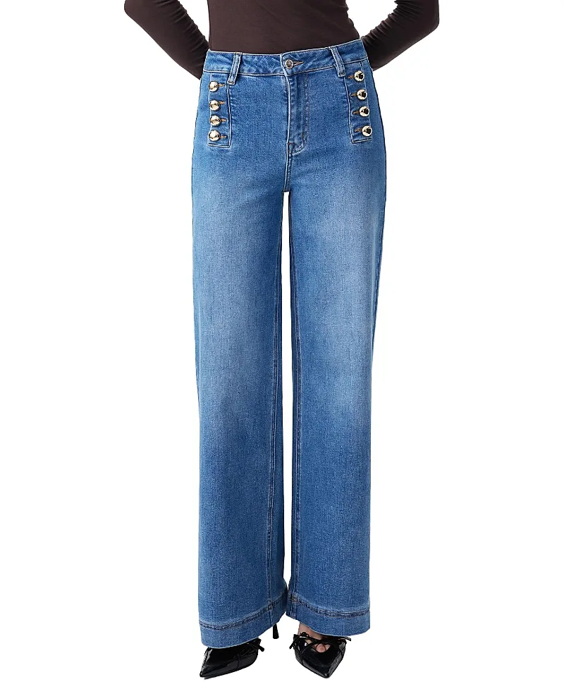 High Rise Wide Leg Denim Jeans with Gold Dome Buttons in Ultraman Wash by Bayeas
