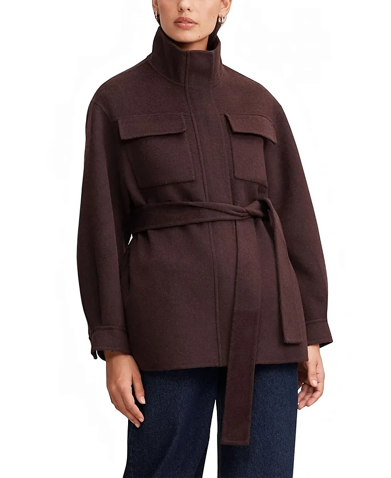 Wren Belted Shacket Wool Blend Zip Front with Chest Patch Pockets