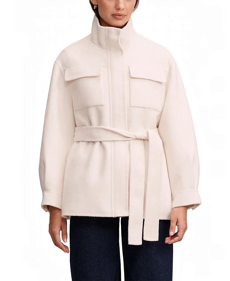 Wren Belted Shacket Wool Blend Zip Front with Chest Patch Pockets