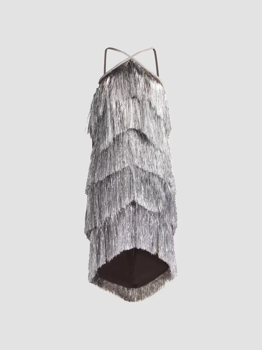 Metallic Fringed Minidress by Tadashi