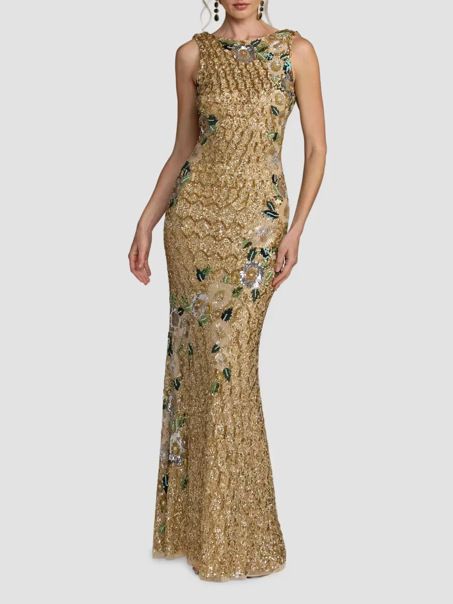 Mac Duggal Floral Beaded Mesh Sleeveless Gown by M.A.C.