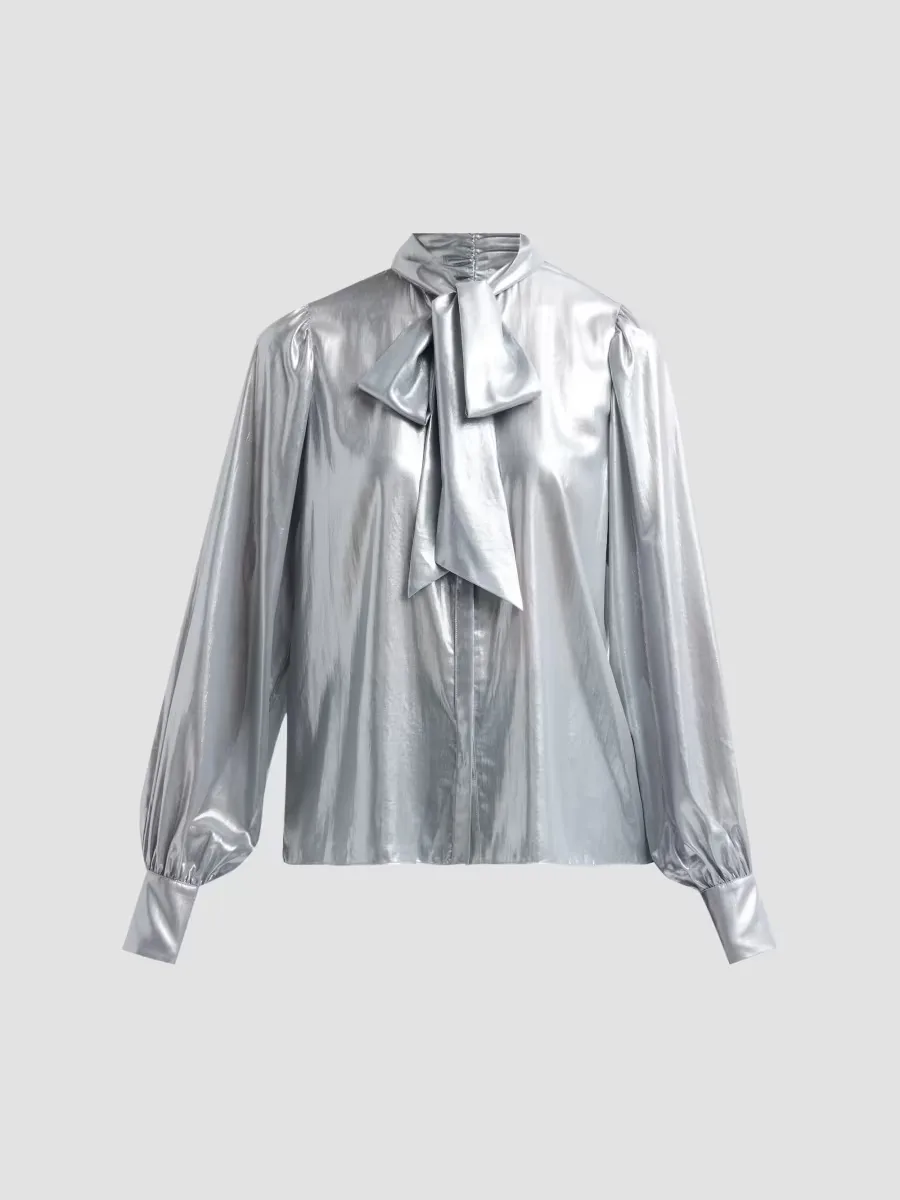 Noa Metallic Semi-Sheer Tieneck Blouse