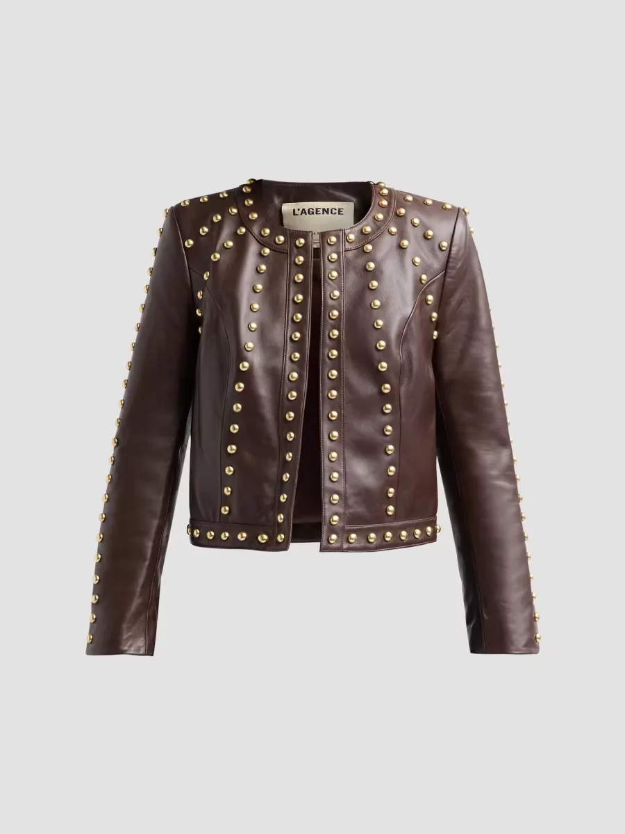 Fia Studded Collarless Leather Jacket by L'AGENCE