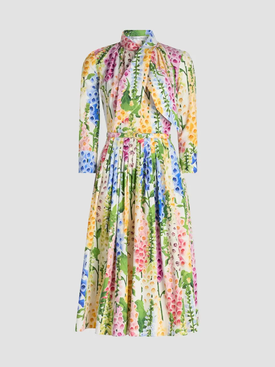 Tie-Neck Foxgloves Long-Sleeve Midi-Dress by Oscar de la Renta
