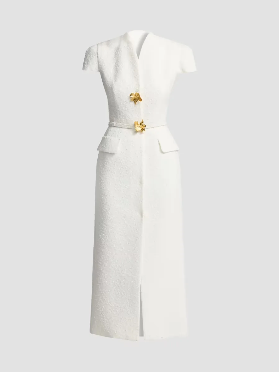 Slubby Tweed Belted Column Day Dress by Oscar de la Renta