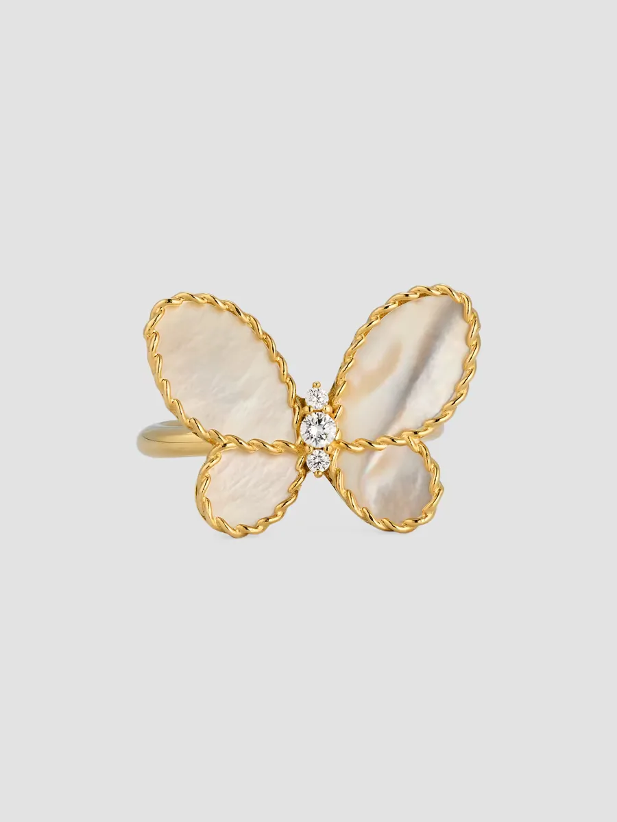 Jasmine 18K Yellow Gold, Mother-Of-Pearl & 0.08 TCW Diamond Butterfly Ring