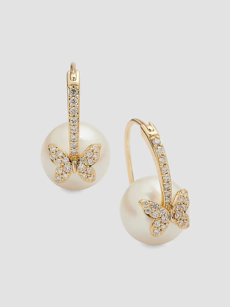 14K Yellow Gold, Cultured Freshwater Pearl & 0.27 TCW Diamond Butterfly Hoop Earrings by Sydney Evan