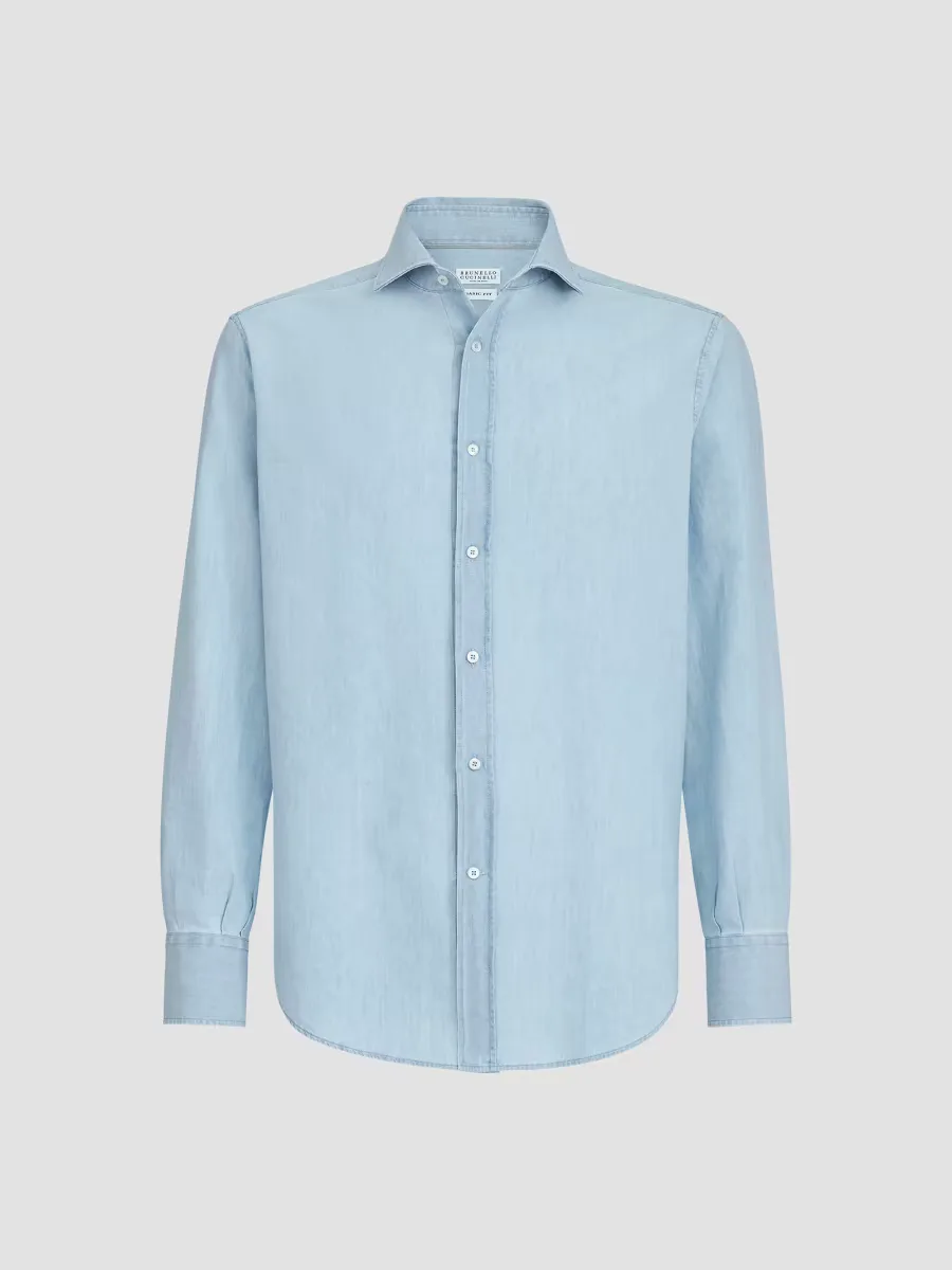 Denim-Effect Chambray Shirt with Spread Collar by Brunello Cucinelli