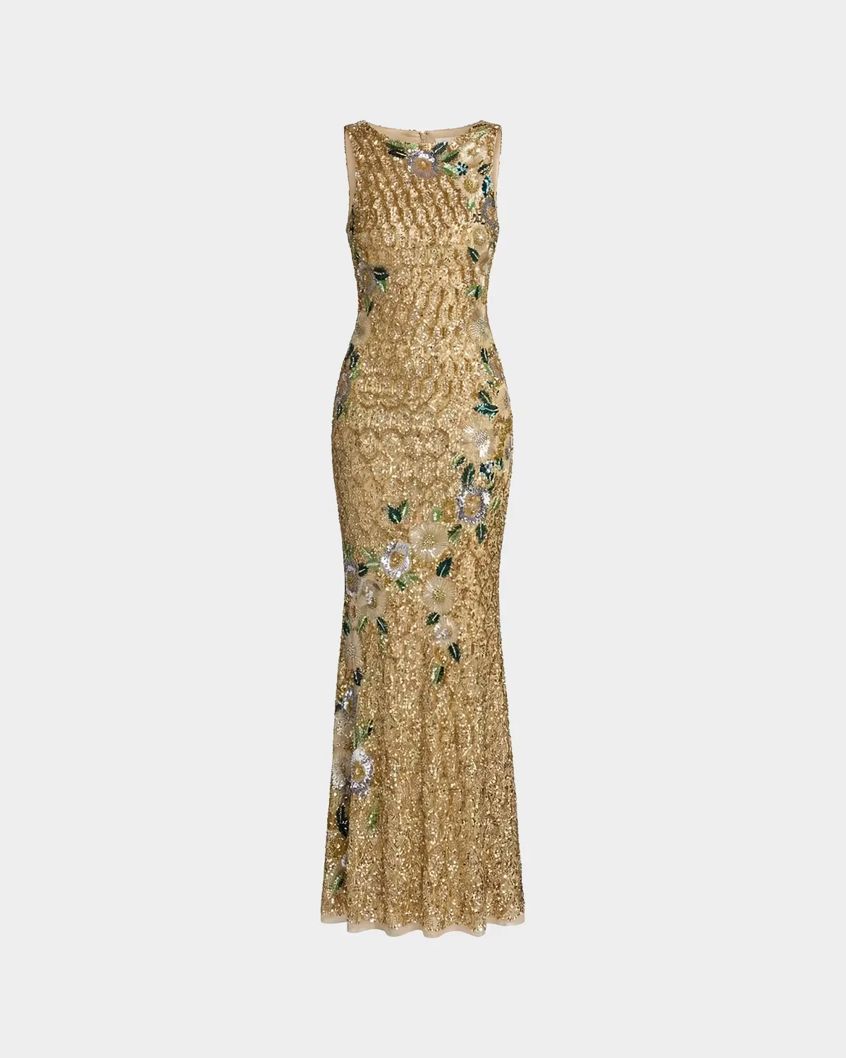 Floral Beaded Mesh Sleeveless Gown