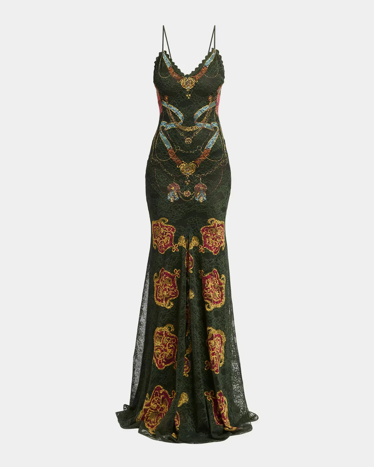Sleeveless Chain-Print Lace Trumpet Maxi Dress