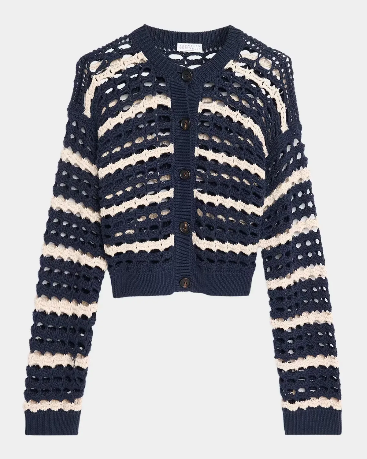 Striped Cotton Crochet Knit Crewneck Cardigan by Brunello Cucinelli