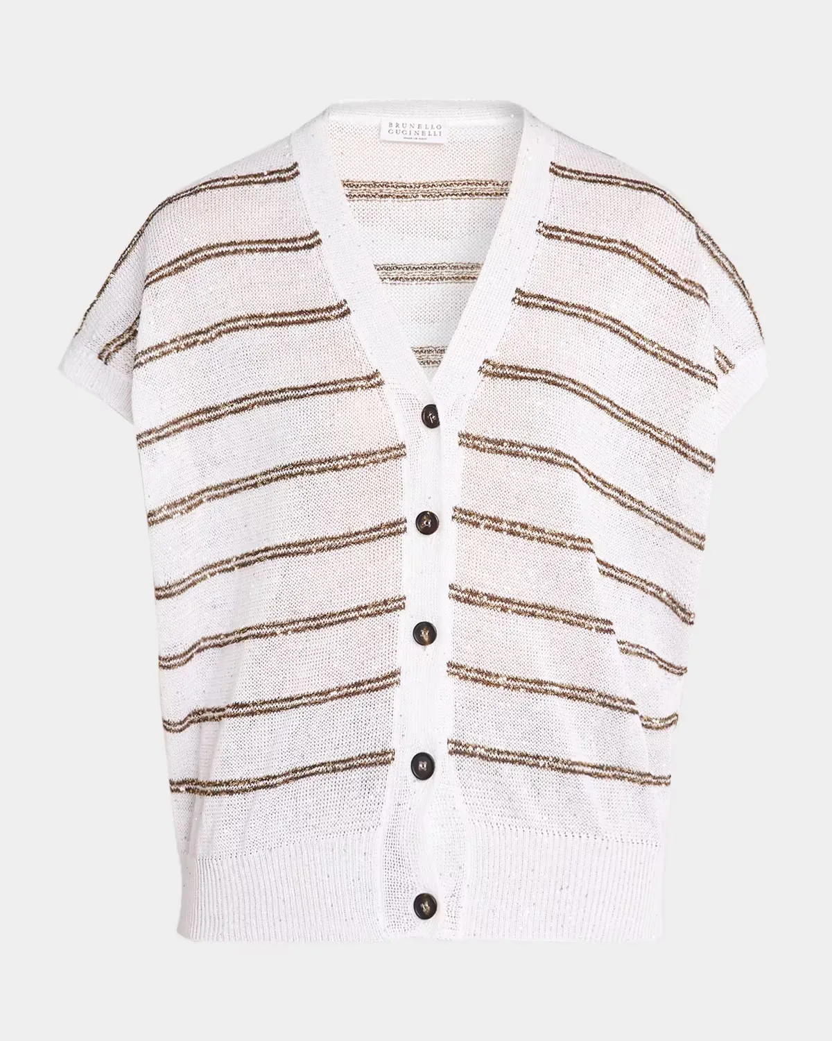 Shimmering Striped Linen-Cotton Short-Sleeve Cardigan by Brunello Cucinelli