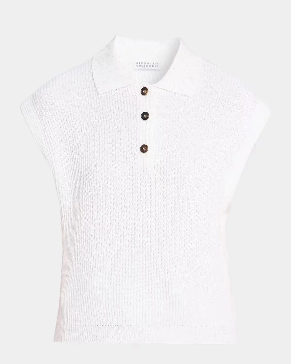 Sparkling Linen-Cotton Rib Sleeveless Polo Sweater by Brunello Cucinelli