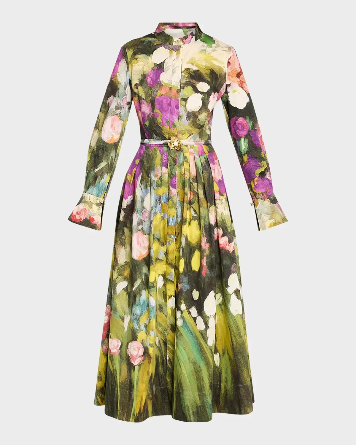 Abstract Garden Cotton Poplin Pleated Midi Day Dress with Belt by Oscar de la Renta