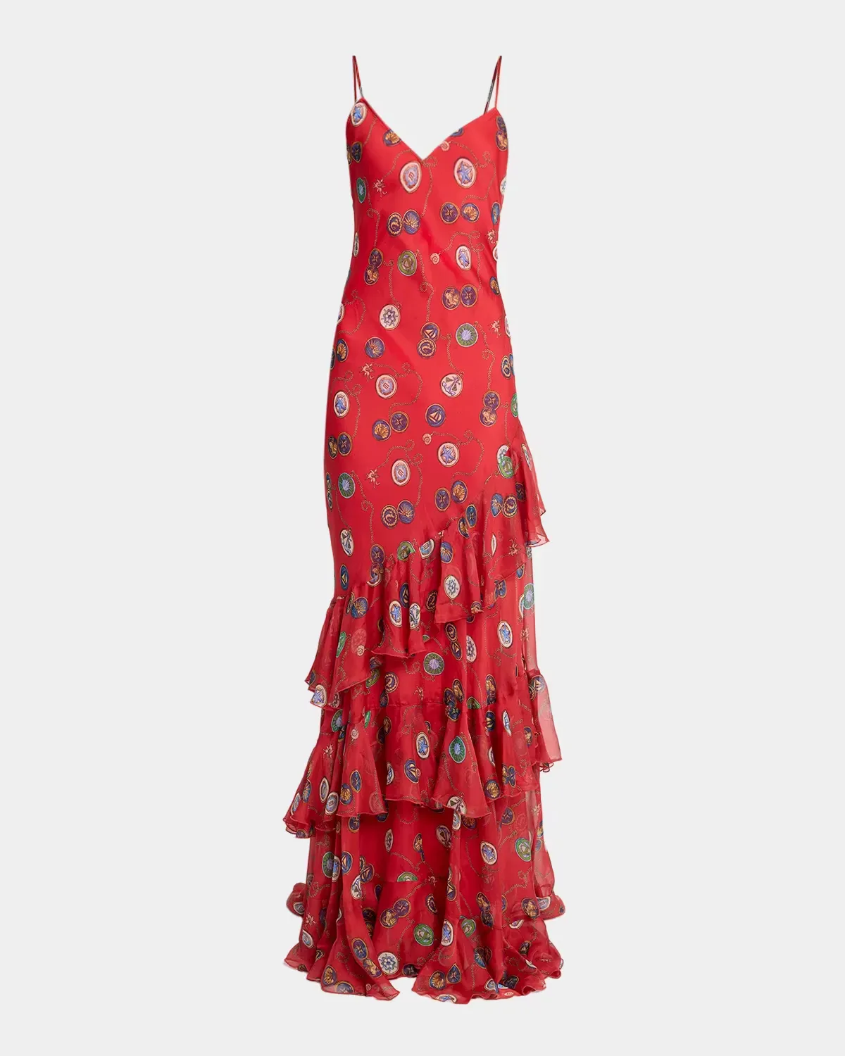 Nautical-Print Silk Chiffon Tiered Ruffle Maxi Slip Dress by ETRO