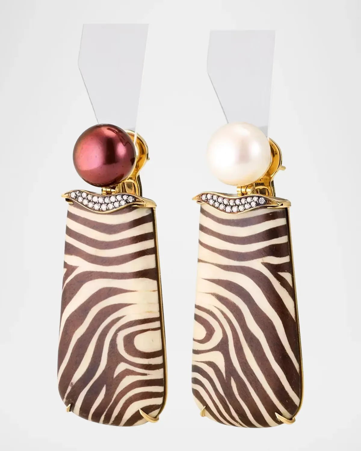 18K Zebra Marquetry Drop Earrings with Pearls and Diamonds by Silvia Furmanovich