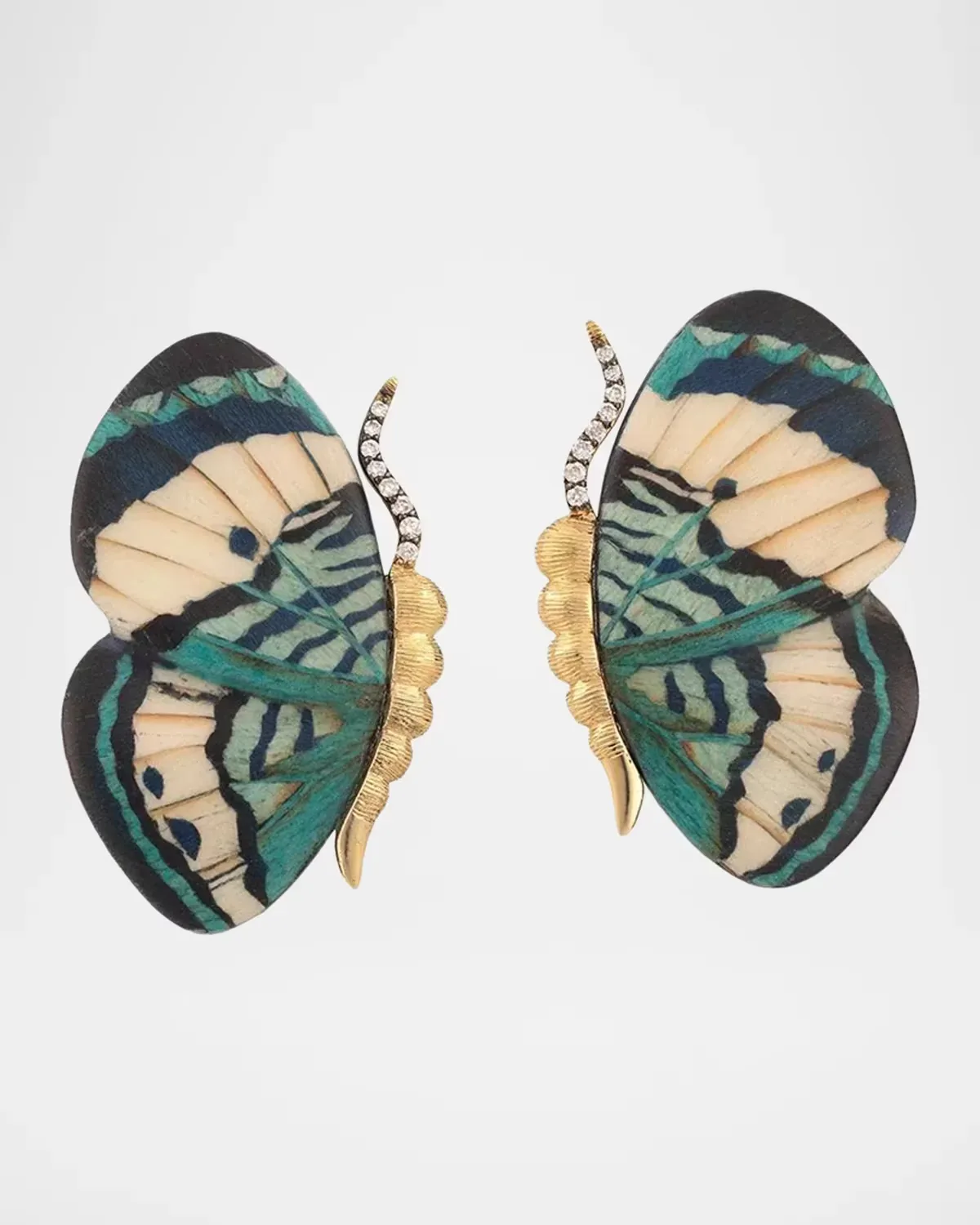 18K Yellow Gold Extra-Small Butterfly Wing Blue Marquetry Earrings with Diamonds by Silvia Furmanovich