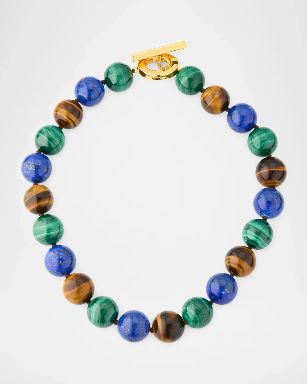 22K-Gold-Plated, Tiger's Eye, Malachite & Lapis Lazuli Beaded Necklace by NEST Jewelry