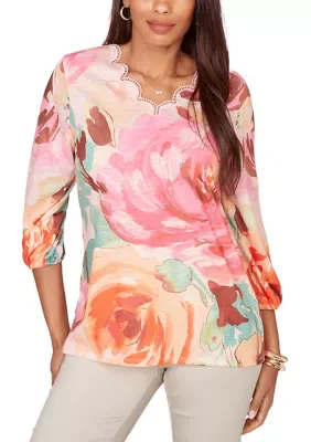 Scalloped Neck Bold Floral Knit Top