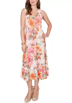 Drawstring Waist Floral Linen Tiered Dress