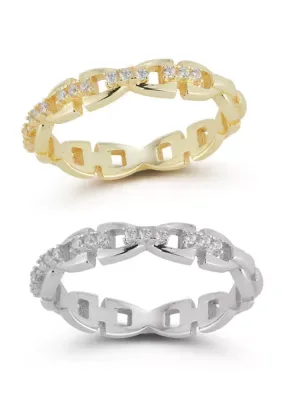 Two Tone Sterling Silver CZ Link Band Ring Set by Sphera Milano