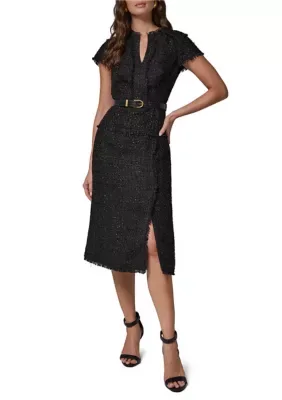 Short Sleeve Split Neck Belted Tweed Midi Dress