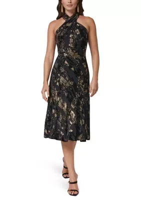Halter Foil Velvet Burnout A-Line Dress