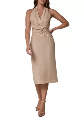 Sleeveless Metallic Halter Neck Twist Waist Midi Dress by Donna Karan