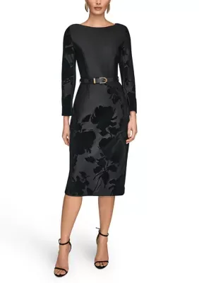 Long Sleeve Floral Burnout Belted Midi Dress