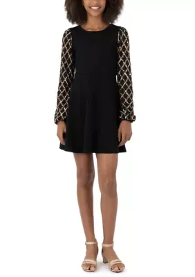 Sequin Sleeve Scuba Skater Dress by Speechless