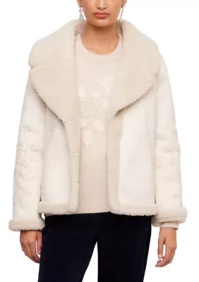 Faux Suede Embroidered Sleeve Shearling Coat by Karen Kane