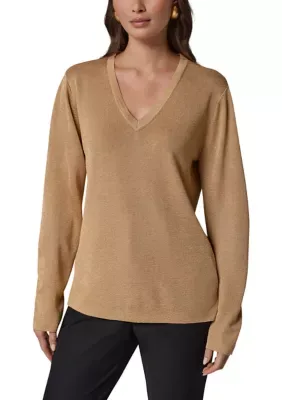 Long Sleeve V-Neck Metallic Knit Top by Donna Karan New York