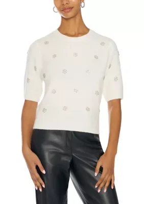 Short Sleeve Embellished Crew Neck Sweater