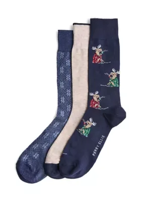 Holiday Moose Print Crew Socks 3 Pack by Perry Ellis