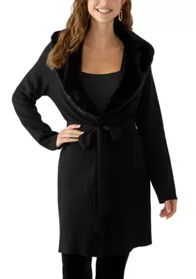 Fur Collar Belted Long Sweater Jacket by Tahari