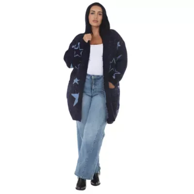 Star Print Hooded Plush Hooded Cardigan by White Mark