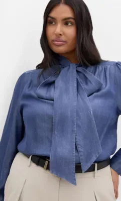 Chambray Bow Denim Shirt by City Chic