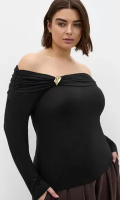 Buckle Off Shoulder Long Sleeve Top by City Chic
