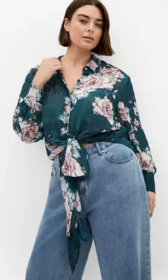 Janine Blossom Print Tie Front Shirt by City Chic