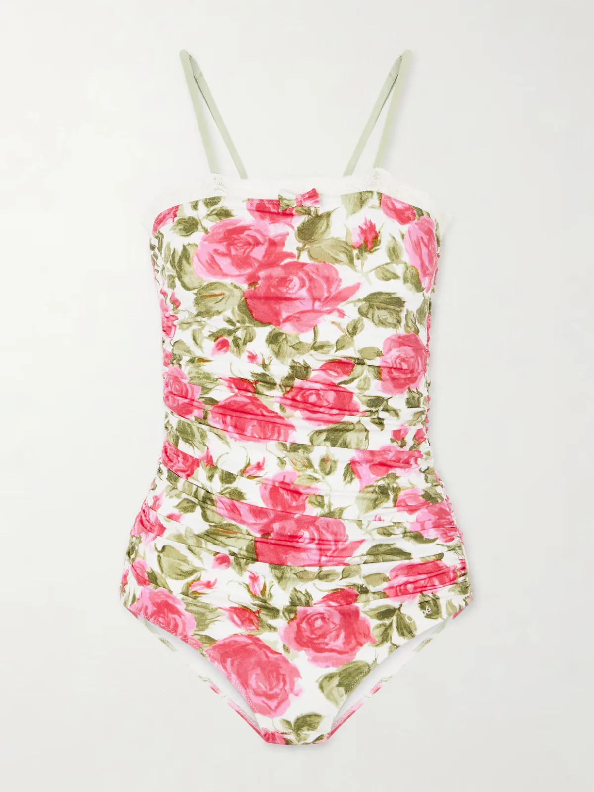 - Bow-detailed Ruched Lace-trimmed Floral-print Swimsuit -