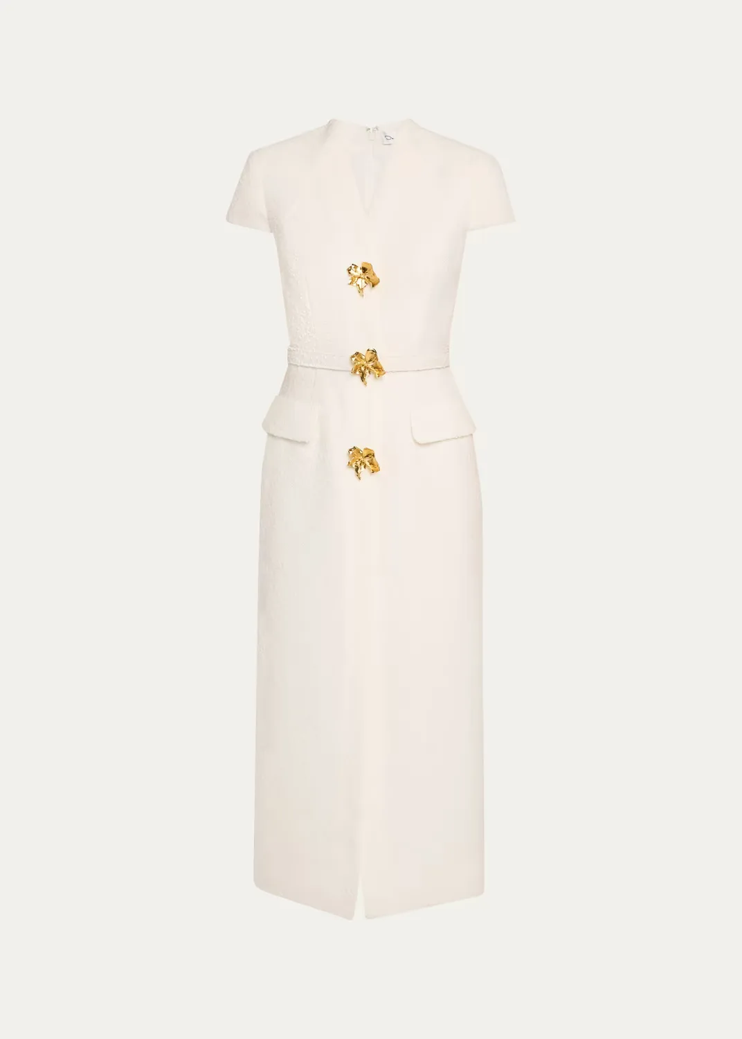 Cap-Sleeve Slub Tweed Buttoned Midi Day Dress by Oscar de la Renta