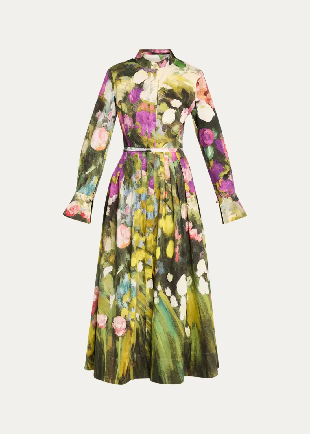 Abstract Garden Cotton Poplin Pleated Midi Day Dress with Belt by Oscar de la Renta