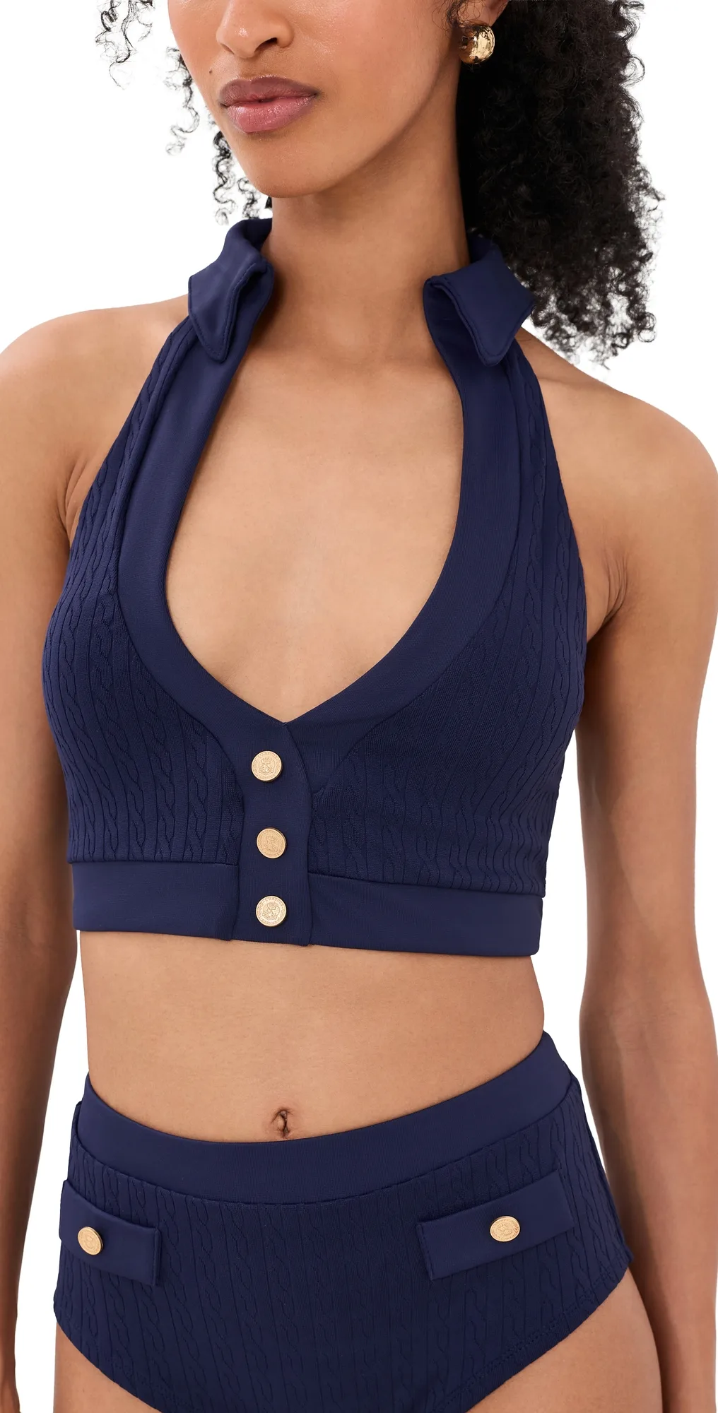 Halter Swim Top with Gold Branded Buttons by L'AGENCE