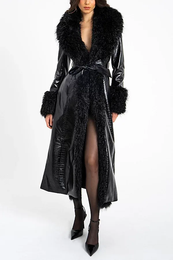 Zella Faux Fur Trim Vegan Croc Leather Coat Jacket by Miss Circle