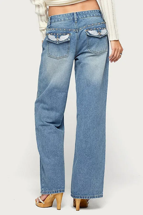 Haela Studded Angel Low Rise Baggy Jeans by Edikted