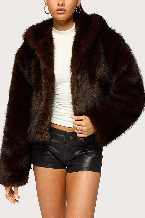 Faylin Hooded Faux Fur Jacket by Edikted