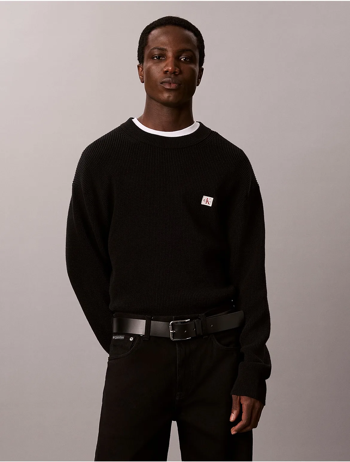 Woven Monologo Waffle Knit Sweater by Calvin Klein