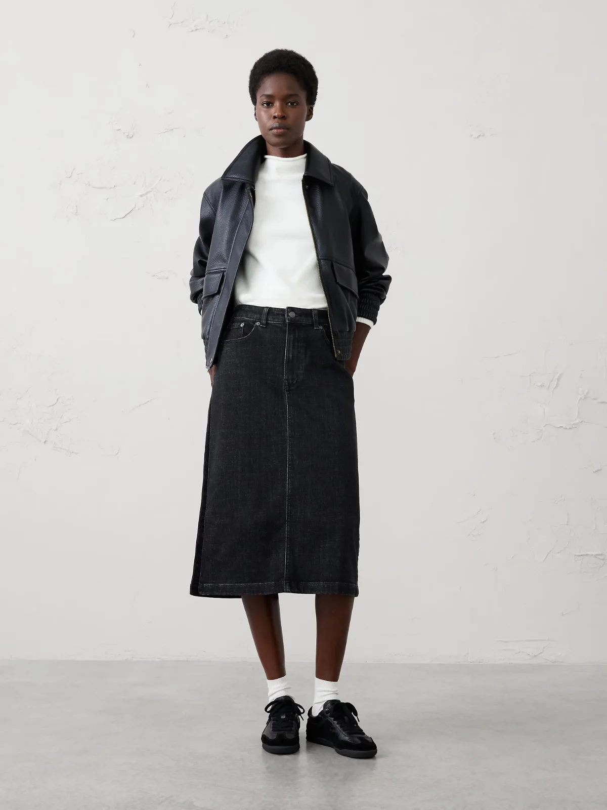 Denim Velvet-Trim Midi Skirt by Banana Republic