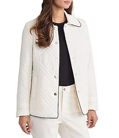 Triple Diamond Quilt with Contrast Leather Binding Point Collar Long Sleeve Jacket by Jones New York